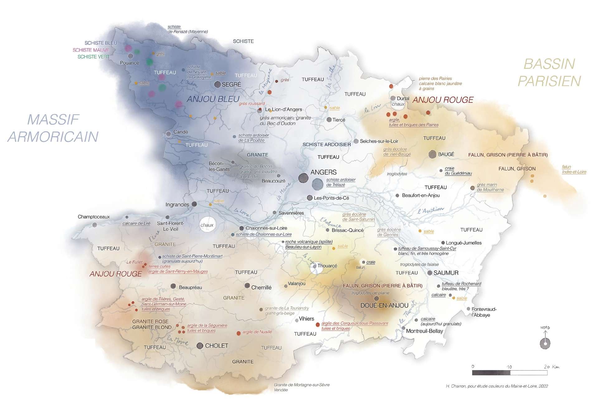Carte du Maine-et-Loire en couleurs, en fonction des territoires et des matériaux : ardoise, grès, tuffeau, craie, terre cuite, granite, argile...