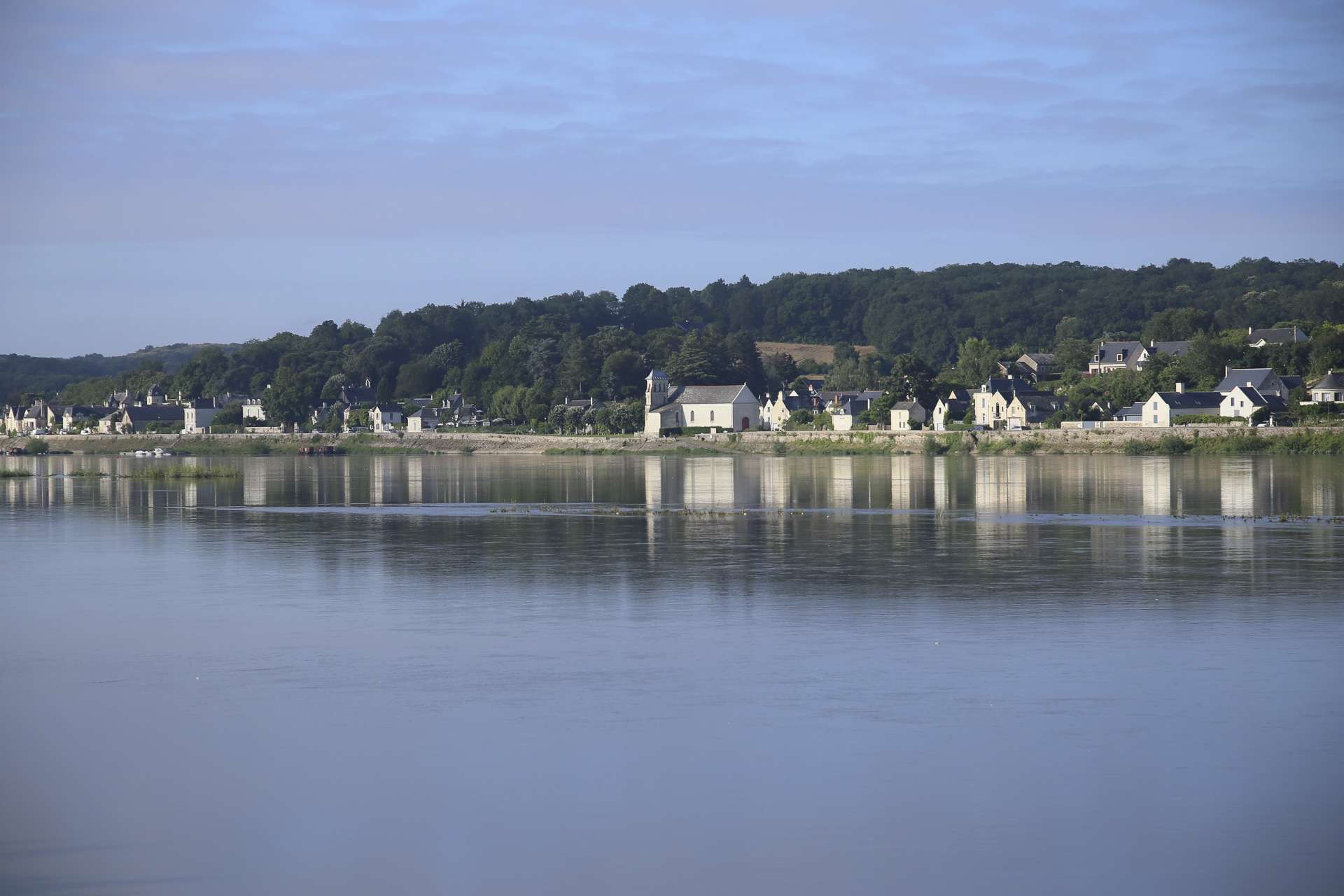 Le front bati du village du Thoureil photographié depuis la rive opposée. Au dessus du village, le coteau est boisé.